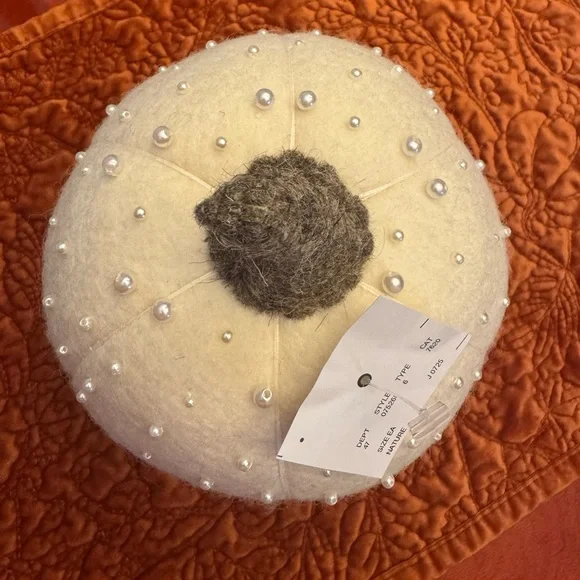 Elegant White Felt Pumpkin with Pearls - Picture 2 of 3